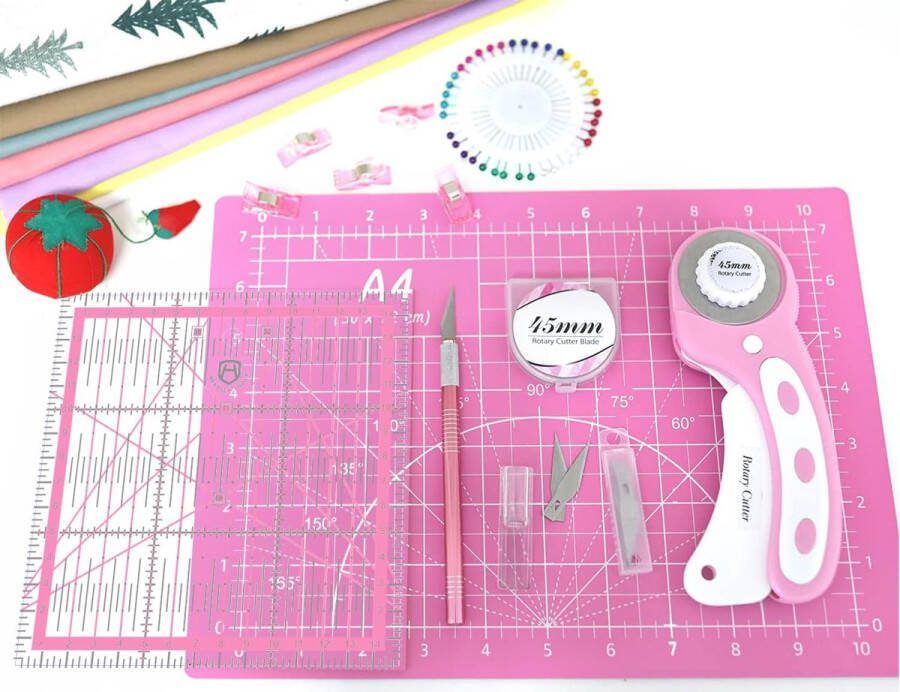 Roterende snijset quiltkit incl. 45 mm stofsnijder 5 extra roterende messen A4 zelfgenezende snijmat acrylliniaal en naaiclips knutselmes ideaal voor knutselen naaien patchworking