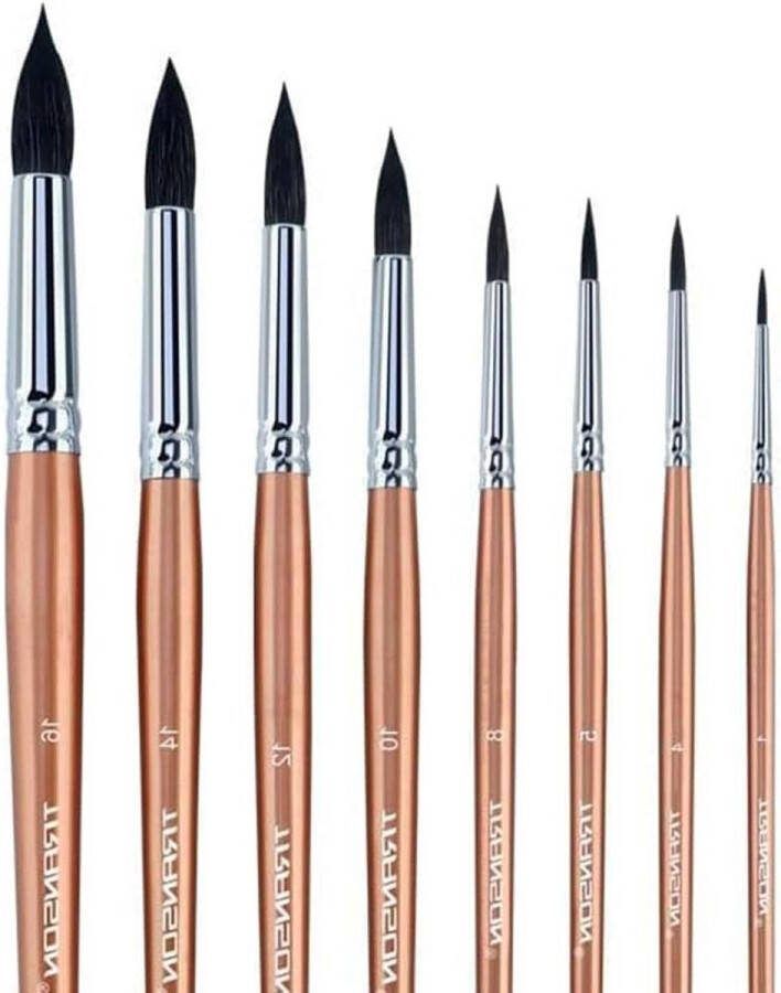 Round Watercolor Detail Paint Brushes Goat Hair 8pcs for Watercolors Acrylic Inks Gouache Oil and Tempera Transon