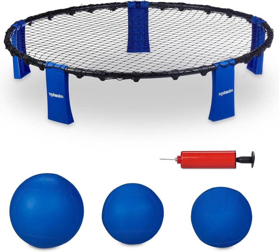Roundnet set met 3 ballen Roundball draagtas en pomp in zwart blauw voor tuin strand of park