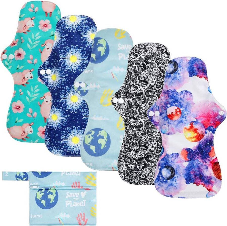 ROVTOP Wasbaar Maandverband 5-pack Herbruikbaar Bamboestof Dun Grotere Speciaal voor de nacht Na de zwangerschap Hypoallergeen Hoge absorptie 5-pack + 1 waterdichte draagtas