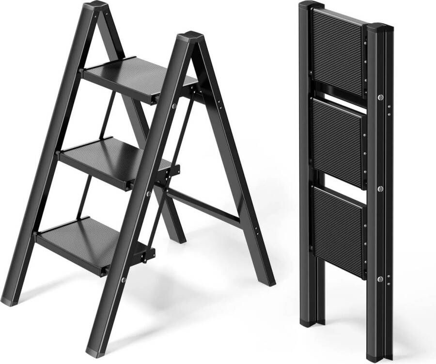 Roxana Huishoudtrap Ladder Zwart Opvouwbaar 3-Treeds Belastingsgewicht 150 Kg Aluminium En Metaal 3 37 Kg Antislip