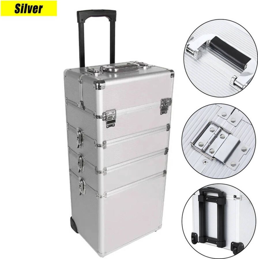 Roxana Make Up Trolley Make Up Koffer Met Wielen Zilver 4 In 1 Cosmetica
