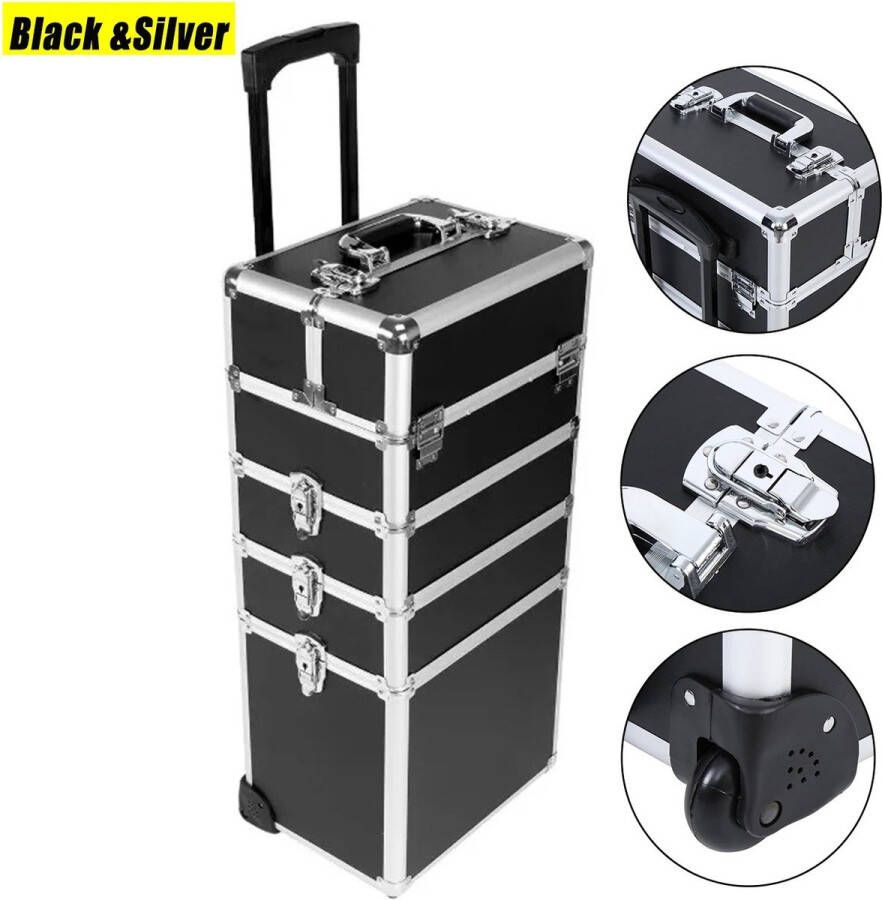 Roxana Make Up Trolley Make Up Koffer Met Wielen Zwart En Zilver 4 In 1 Cosmetica