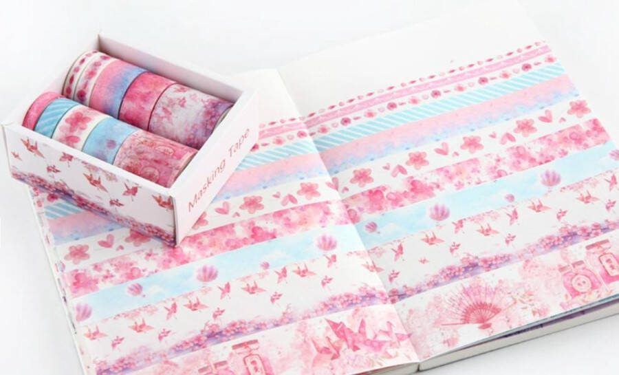 Merkloos Sans marque Roze Juwelen Washi Tape Pakket Doos | Verschillende Washi Tapes | Roze Vogels Schelpen Bloemen Hartjes Origami Blauw Strepen Kraanvogels Patronen Washi Tape | Masking Tape | Bullet Journal | Journalling | Journal | Plakboeken | Inpakken | Versieren