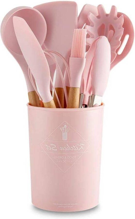 Roze kookaccessoires van siliconen 11-delige set spatel schep soeplepel pasta lepel kwast eierrackets voedselclip