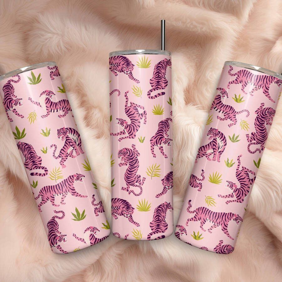 Roze tijgers roestvrijstalen tumbler met deksel en rietje drinkbeker handgemaakt dubbelwandige vacuüm geïsoleerde reismok houdt drankjes warm of koud gedurende 6 uur kleurrijk bloemenontwerp voor verfrissing onderweg