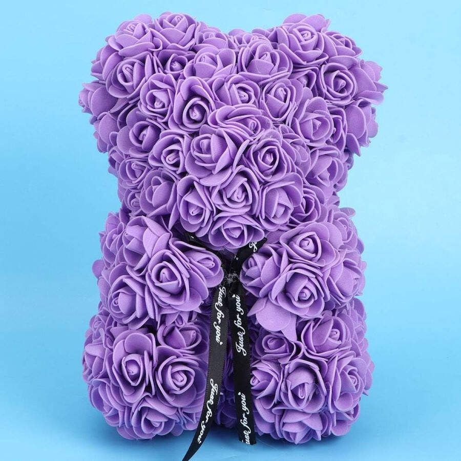 Rozenbeer voor haar 9 inch roze rozenbeer eeuwige rozen kunstbloemen handgemaakte rozenteddybeer voor jubileum Valentijnsdagcadeau (in zak)(paars)