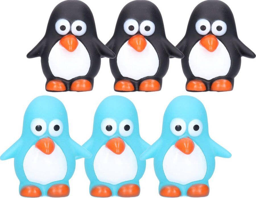Rubber badeendjes pinguins 6x stuks badkamer fun artikelen size 6 cm kunststof blauw zwart 3x per kleur