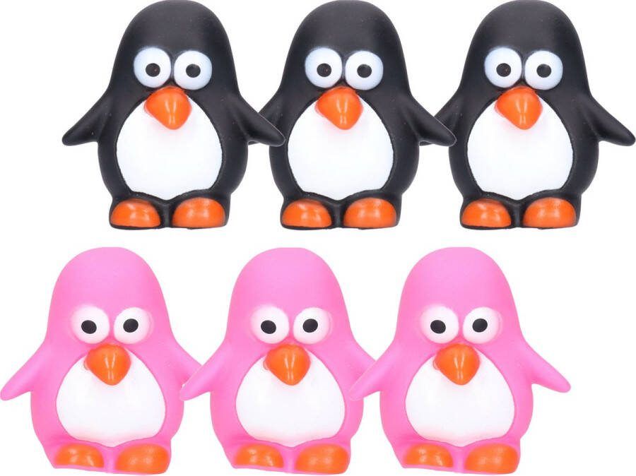 Rubber badeendjes pinguins 6x stuks badkamer fun artikelen size 6 cm kunststof zwart roze 3x per kleur
