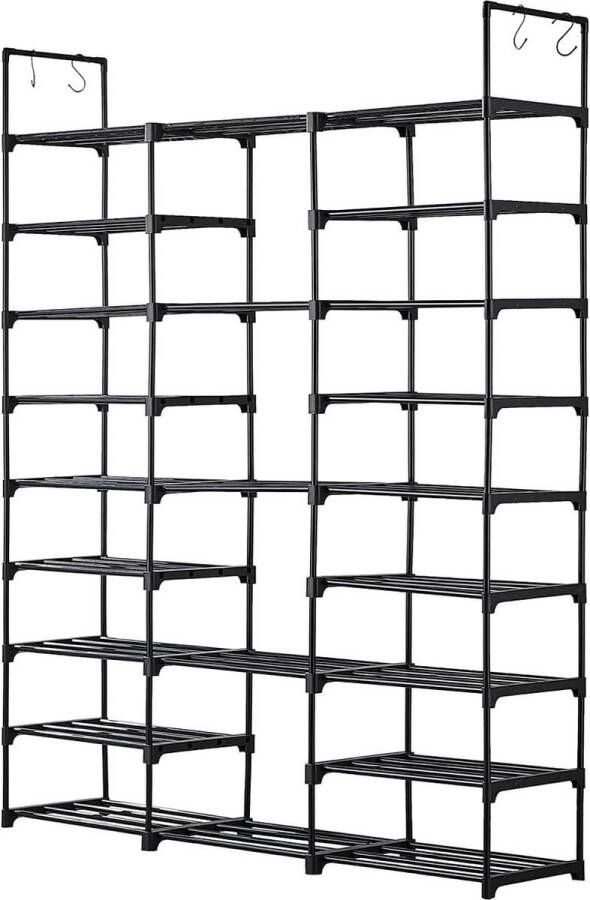 Ruimtebesparend schoenenrek met 9 niveaus en haken Schoenenkast van metaal voor ingang kleedkamer en hal 127 x 28 x 157 cm Zwart
