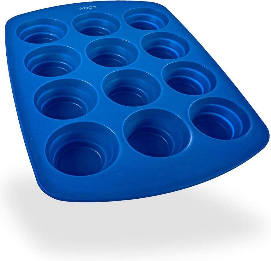 Ruimtebesparende blauwe muffinvorm met opvouwbare vormpjes voor muffins en cupcakes