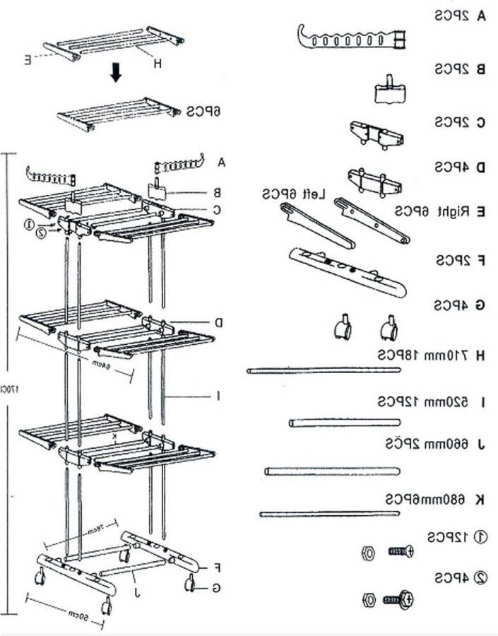 Ruimtebesparende wastoren met kledingstang 3 niveaus opvouwbare wasdroger toren 6 opvouwbare zijvleugels 126 x 50 x 170 cm