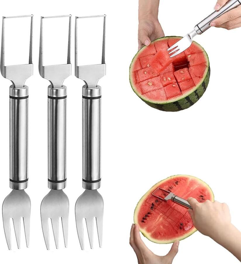 RVS 3 stuks 2 in 1 watermeloen vork watermeloen snijmachine dubbele kop roestvrijstalen fruitvorken snijmachine mes voor familiefeesten campingfeest voor het snijden van verschillende soorten fruit zoals watermeloen mango drakenfruit app