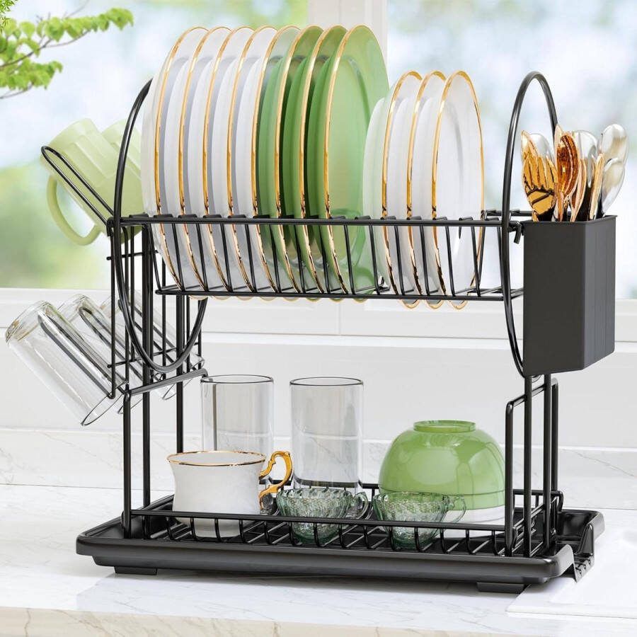 RVS afdruiprek met 2 verdiepingen en houders voor keukengerei zwart Sink organizer