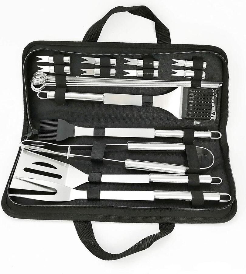 RVS BBQ Grill Tool Kit 20 STKS + Draagtas Set Tang Rijgborstel Spatel Reinigingsborstel Vleesvork Picknick Camping Koken Grillen Accessoires voor Barbecue