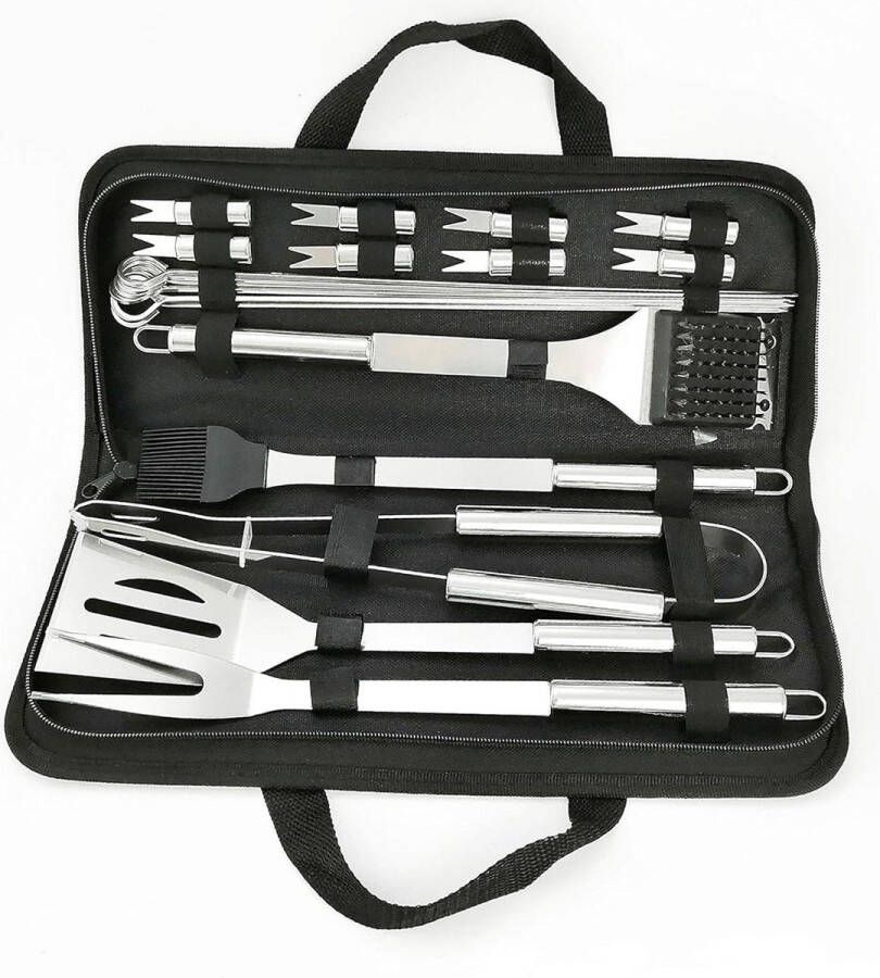 RVS BBQ Grill Tool Kit 20 STKS + Draagtasset: Tong Basting Borstel Spatel Reinigingsborstel Vleesvork 7 spiesjes 8 maïshouders voor picknick kamperen koken grillen barbecue set