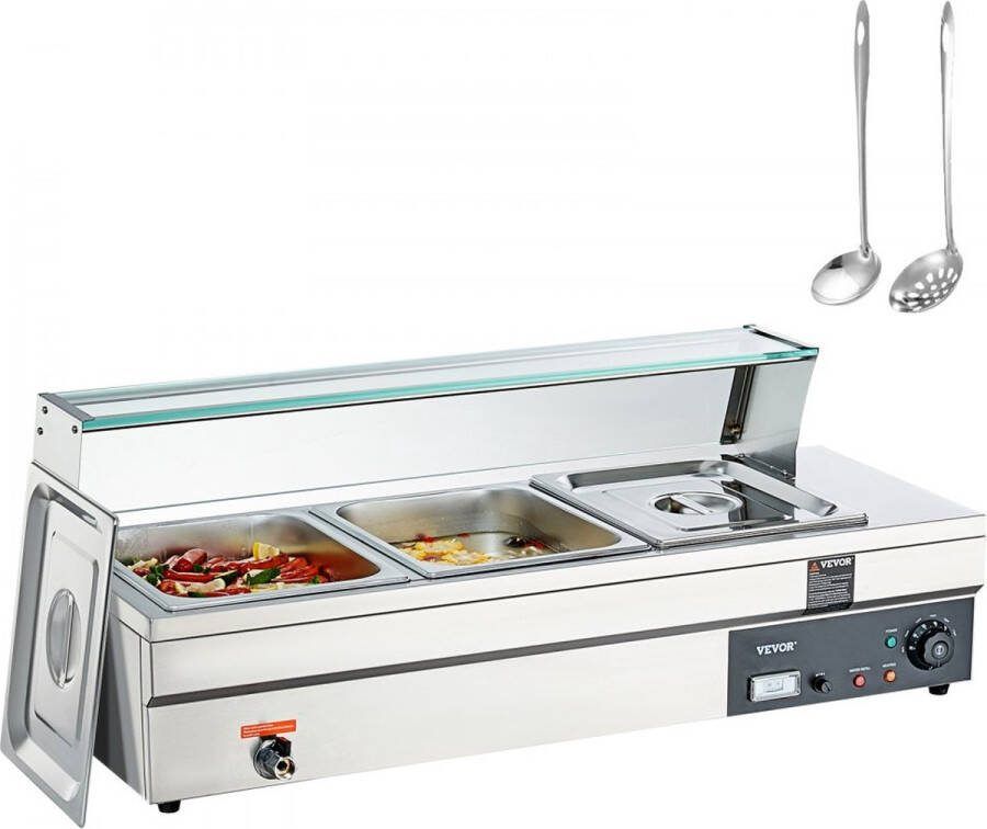 RVS buffetverwarmer voedselverwarmer 1500 W 3 x 13 2 L buffetbakken 265 x 325 x 150 mm Elke verwarmingsplaat te gebruiken incl. glazen deksel & aftapkraan & droogbrandindicator voor kantine café etc