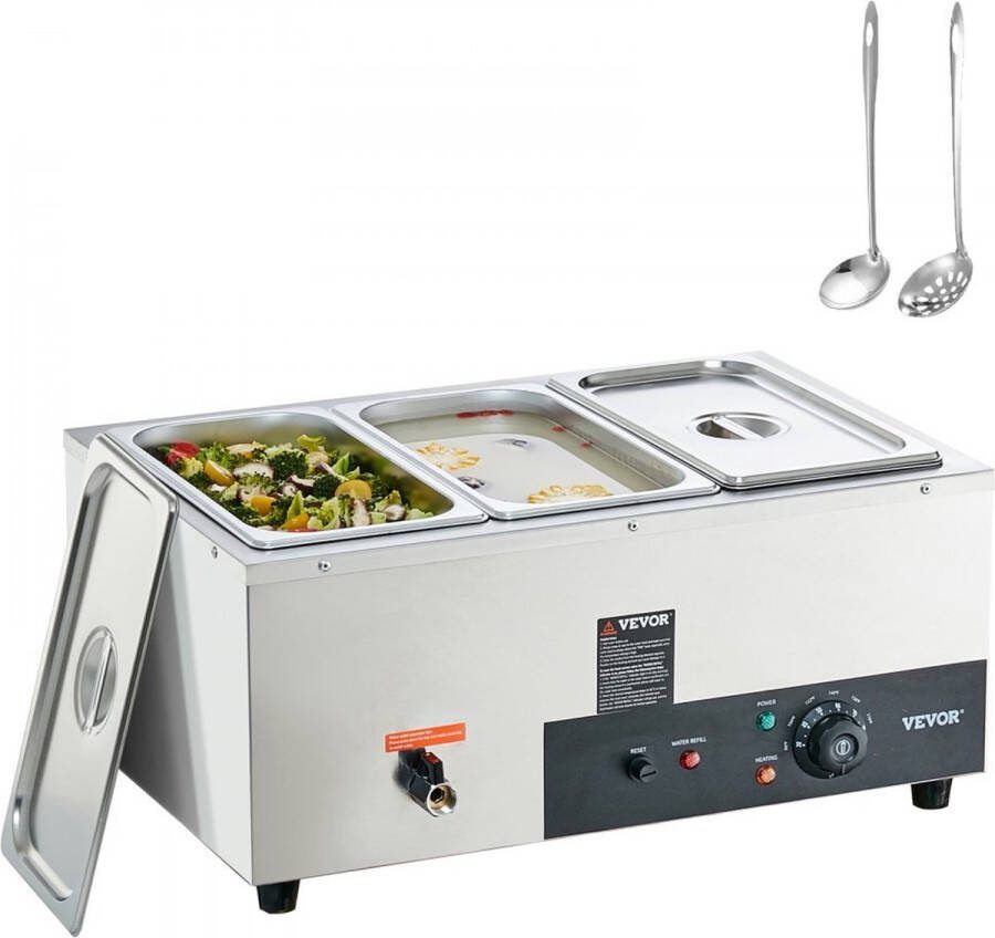 RVS buffetverwarmer voedselverwarmer 1500 W 3 x 8 L buffetcontainers 176 x 325 x 150 mm Elke verwarmingsplaat te gebruiken incl. deksel & aftapkraan & droogbrandindicator voor kantine café etc