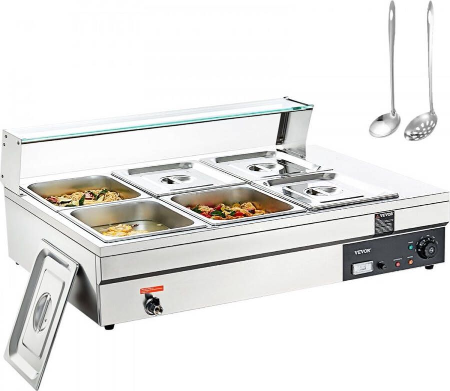 RVS buffetverwarmer voedselverwarmer 1500 W 6 x 13 2 L buffetbakken 265 x 325 x 150 mm Elke verwarmingsplaat te gebruiken incl. glazen deksel & aftapkraan & droogbrandindicator voor kantine café etc