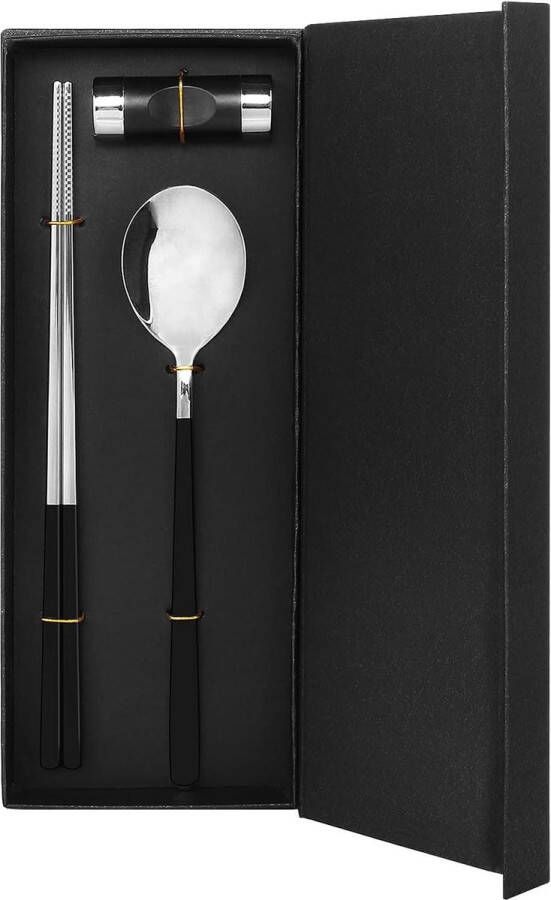 RVS chopsticks Youda met lepel en houder bestek cadeauset (zwart zilver)