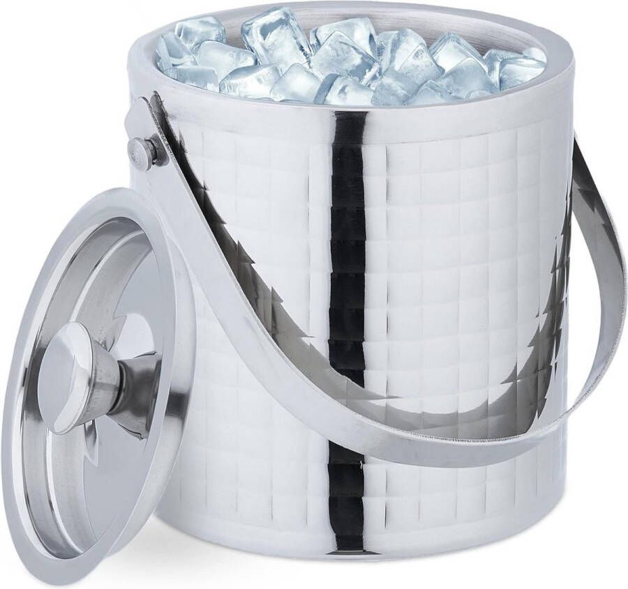 RVS dubbelwandige ijsblokjesemmer met deksel en handgreep Groot 15 liter luxe metalen ijsemmer Zilver Ijsemmer dubbelwandig met deksel