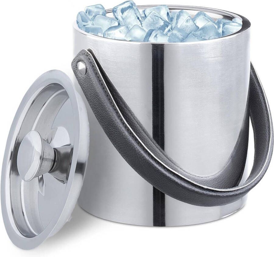 RVS dubbelwandige ijsemmer met deksel en hengsel 15 liter zilver luxe metalen ijsblokjesemmer