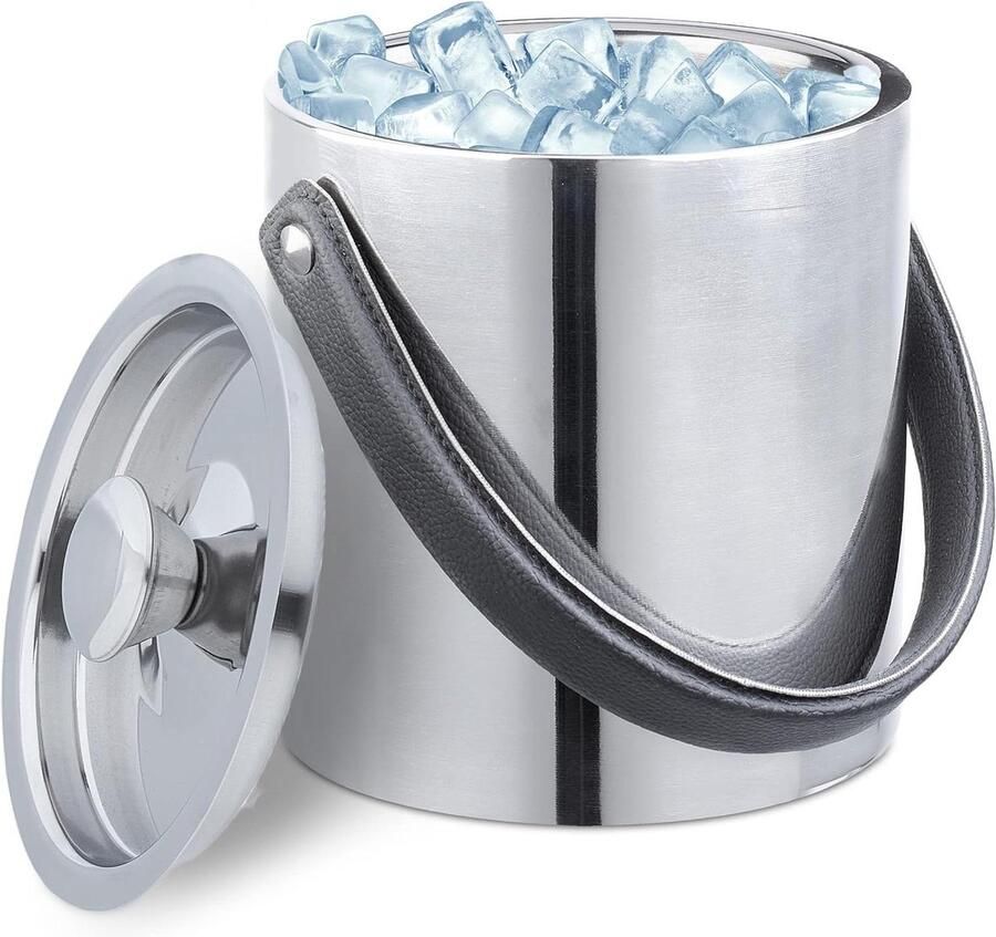 RVS dubbelwandige ijsemmer met deksel en hengsel Groot 15 liter Luxe metalen ijsblokjesemmer zilver Ijsemmer dubbelwandig met deksel