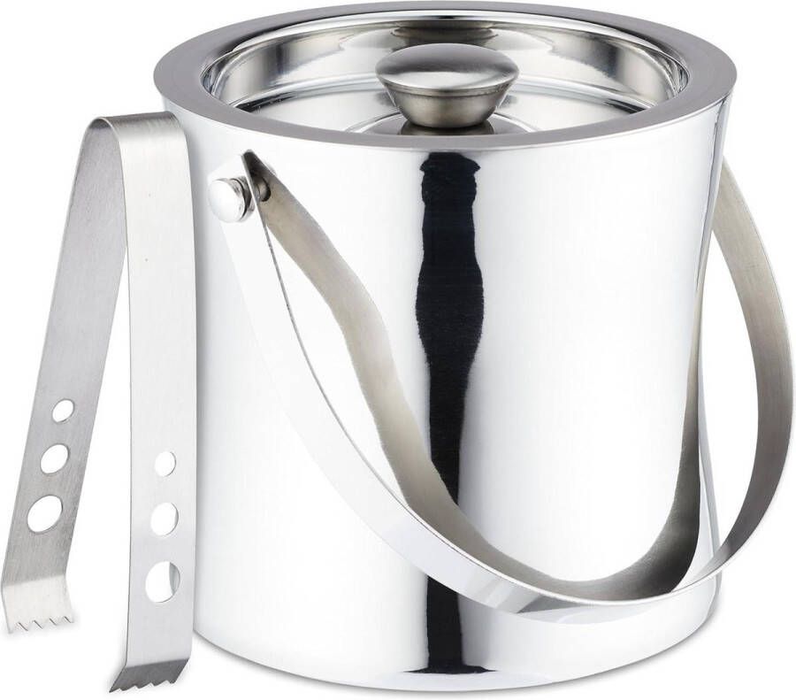 RVS dubbelwandige ijsemmer met deksel en tang 15 liter zilver