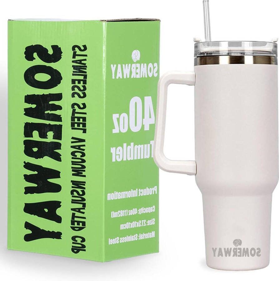 RVS dubbelwandige reismok met deksel en rietje 1182 ml geïsoleerde koffiebeker warm en koud handvat wit