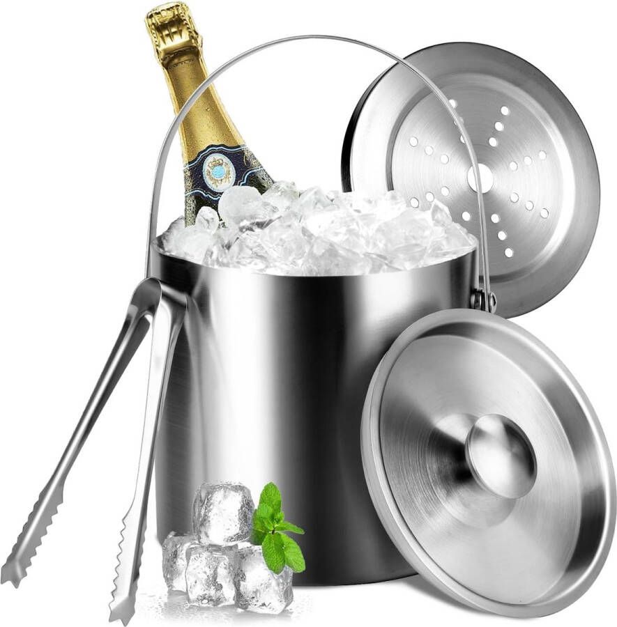 RVS ijscontainer 3L met luchtdicht deksel zeef en ijstang ijsblokjescontainer dubbelwandig geïsoleerde ijsemmer bier champagnekoeler ijsemmer wijn geschikt voor picknicks en feesten