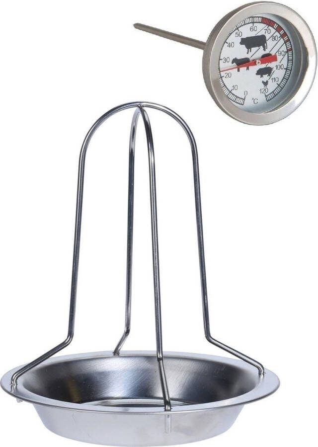 Trendoz Rvs Kiprooster kiphouder kippenrooster Voor De Barbecue bbq oven 20 Cm Met Vleesthermometer Barbecueroosters