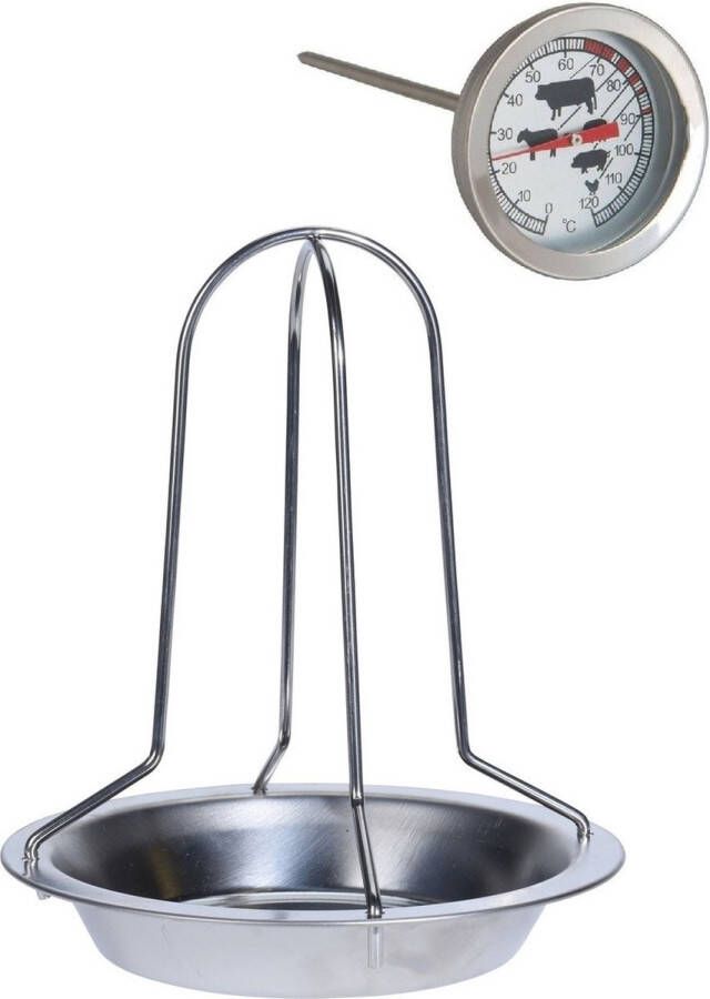 Trendo RVS kiprooster kiphouder kippenrooster voor de barbecue BBQ oven 20 cm Met analoge vleesthermometer braadthermometer