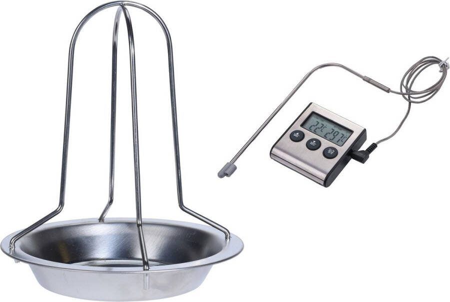 RVS kiprooster kiphouder kippenrooster voor de barbecue BBQ oven 20 cm Met digitale vleesthermometer braadthermometer