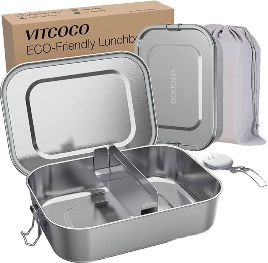 RVS Lunch Box 1200 ml Roestvrij Staal Met Compartiment Lekvrij BPA-Vrij Vaatwasser Bestendig ‎19.5 x 14.5 x 6.5 cm
