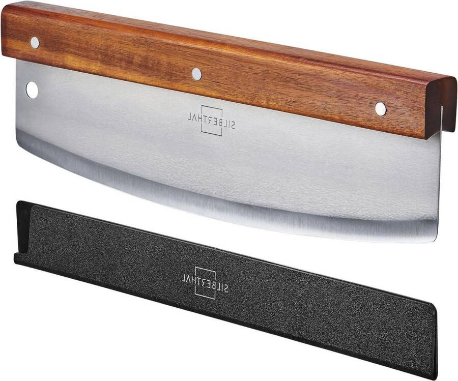 RVS pizzasnijder 32 cm lang met acaciahouten greep scherp lemmet lemmetbescherming