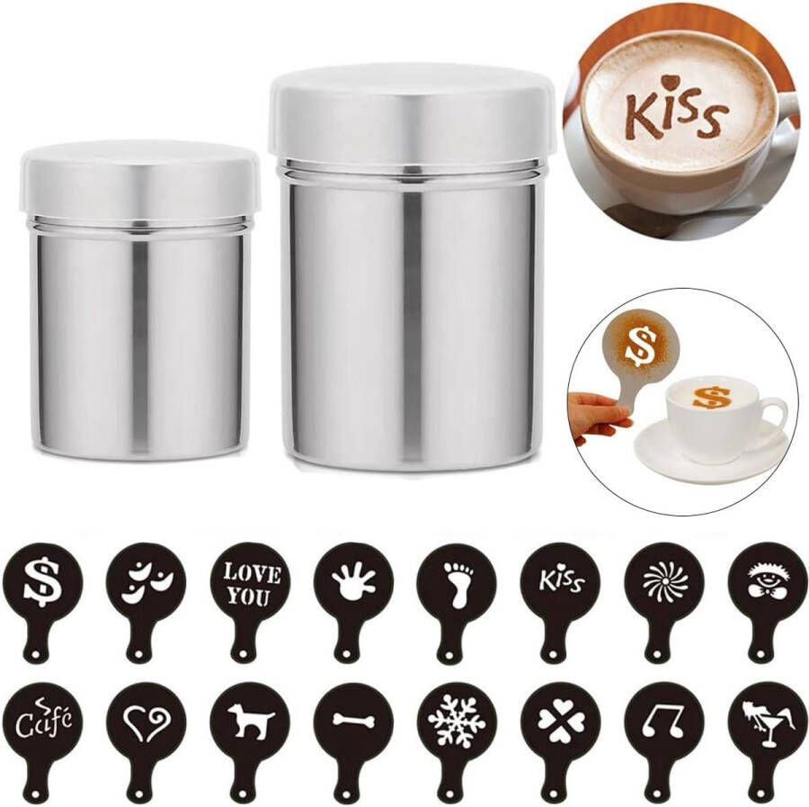 RVS poederstrooier 2 stuks chocoladestrooier cacaostrooier voor cappuccino poedersuikerstrooier poedersuikermolen cacaostrooier schudbeker met deksel meelstrooier meelzeef
