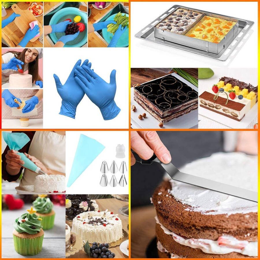 RVS rechthoekige moussering met verdelers bakaccessoires voor tiramisu en taarten inclusief handschoenen spuitmondjes en deegschraper