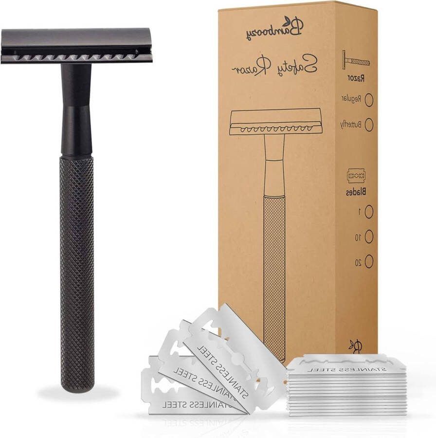 RVS Safety Razor + 20 scheermesjes Mat Zwart Duurzaam Scheren voor mannen en vrouwen