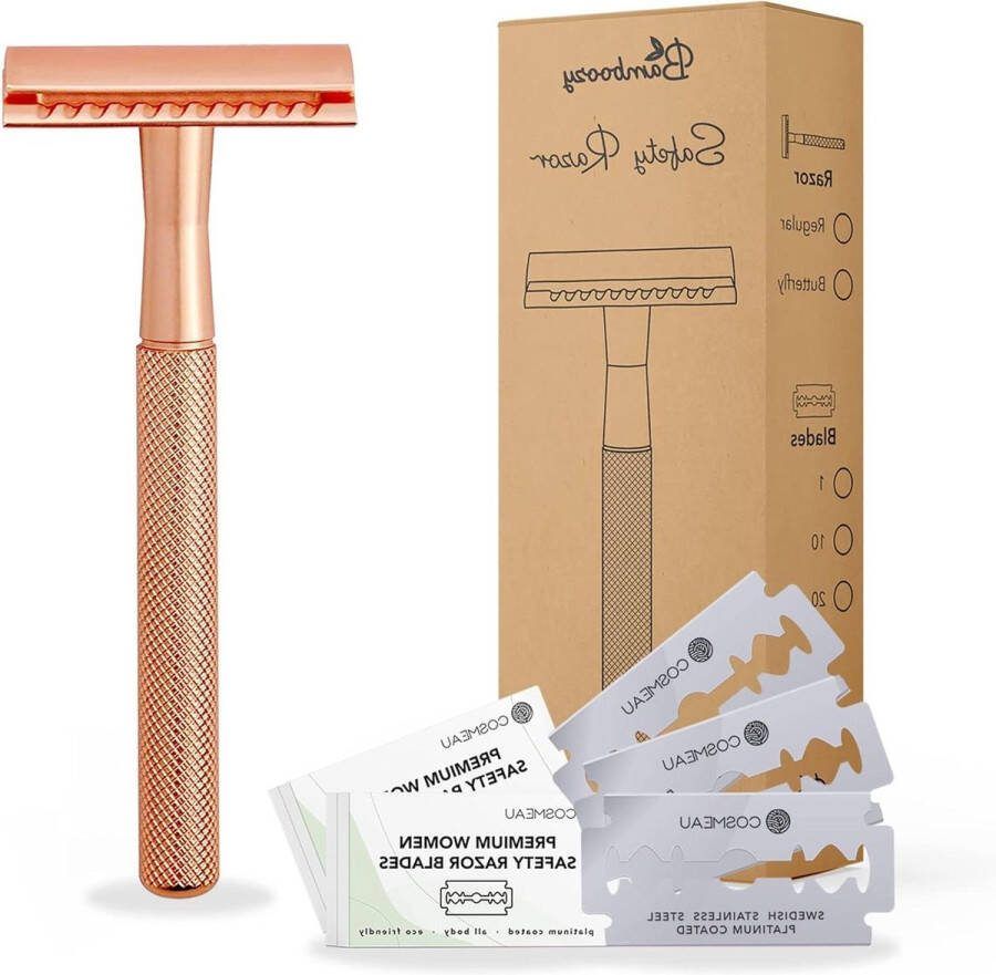 RVS Safety Razor 20 scheermesjes Rose Gold Goud voor vrouwen Duurzaam en Zero Waste