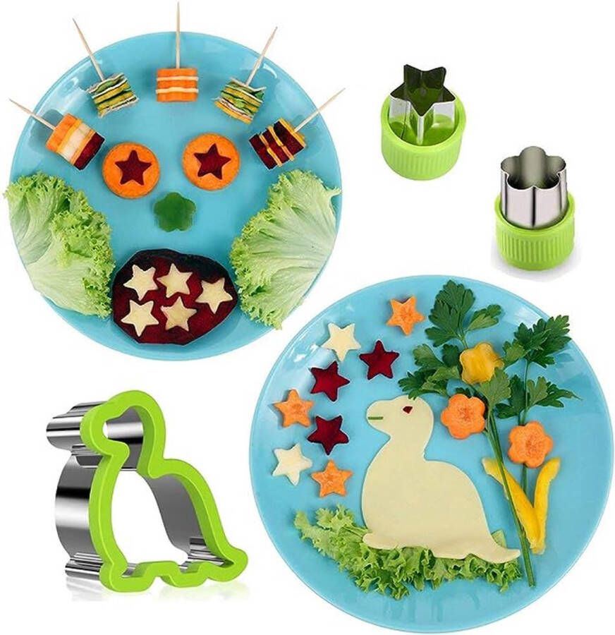 RVS Sandwich Cutters Set voor kinderen 4 stuks broodsnijders Mickey Mouse Dinosaurus Ster Hartvorm en 6 stuks Plantaardige Fruit Cutter Korst Cutter voor Bento Lunch of Kids Party Supplies