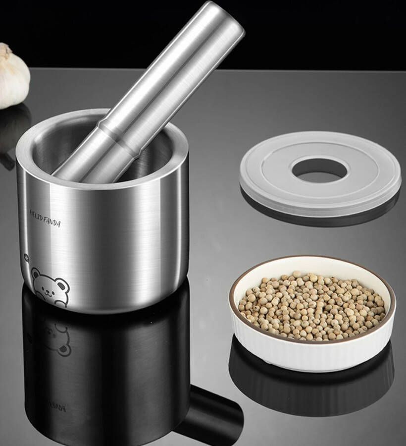 RVS Specerijenmolen met Deksel Duurzame Mortel en Stamper voor Knoflook Kruiden en Peper Roestbestendig Keukengerei en Kruidmolen