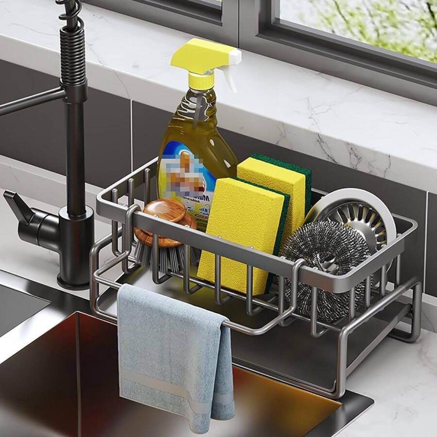 RVS Spons Houder Spoelbak Caddy Organizer met Afneembare Afvoerbak Keuken Sink Organizer met Vaatdoek Hanger (Grijs)