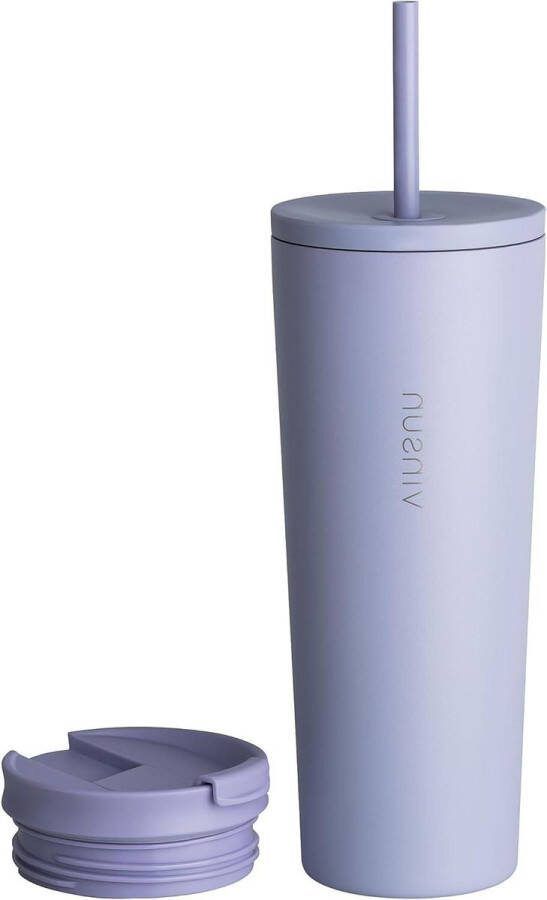 RVS Thermosbeker 720ml Dubbelwandig Geïsoleerd Lekvrij Koude en Warme Dranken Paars met Rietje