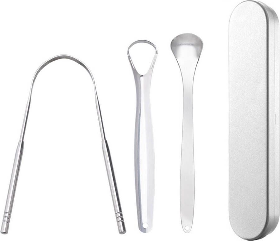 RVS Tongschraper set voor Mondverzorging – 4 Stuks – Tongreiniger & Tongborstel – Duurzaam & Herbruikbaar – Tong hygiëne – Mondhygiëne Tongreiniger