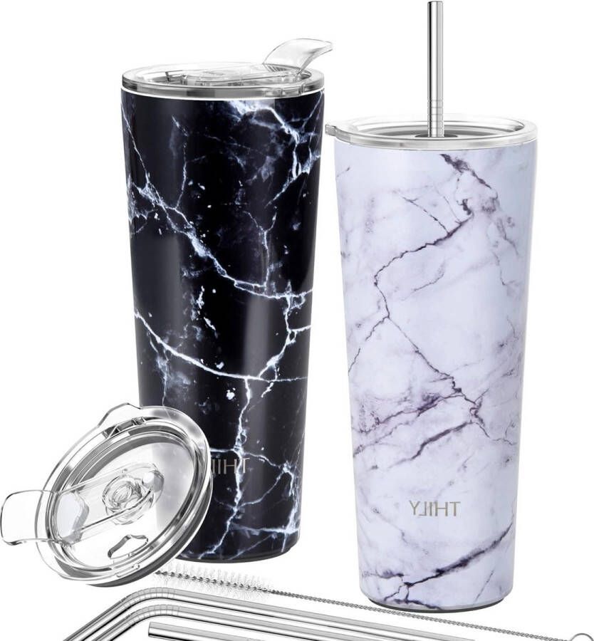 RVS Vacuüm-geïsoleerde reisbeker 780 ml drievoudig geïsoleerd met spatwaterdicht deksel voor ijskoffie en warme dranken set van 2 wit marmer + zwart marmer