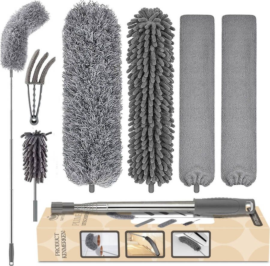 Saftiny Telescopische Plumeau met Telescoopsteel Microvezel Ragebol Uitschuifbaar RVS Stoffer Wasbaar en Draaibaar 7 Delige set Duster Schoonmaak set