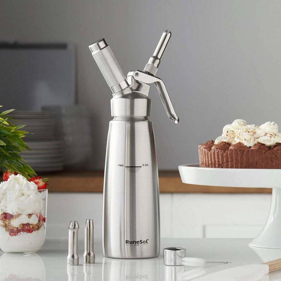 Sahnesyphon roestvrij staal met 3 decoratieve sproeiers slagroomdispenser 500 ml slagroommaker Espuma fles voor desserts slagroomspuitfles slagroomsproeier voor Pasen