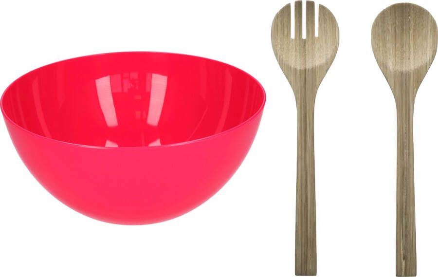 Merkloos Salade serveer schaal fuchsia roze kunststof Dia 28 cm incl. bamboe Sla couvert bestek Serveerschalen