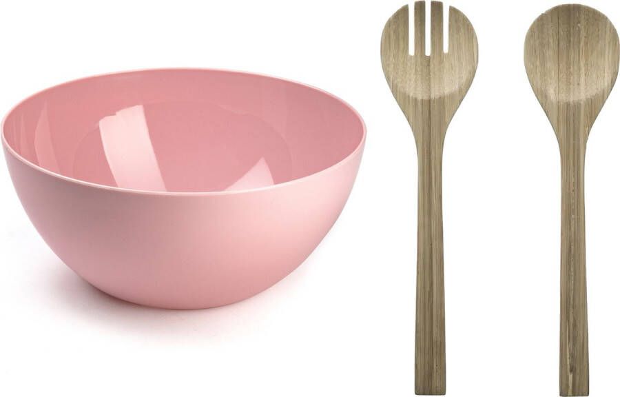 Merkloos Salade serveer schaal roze kunststof Dia 28 cm incl. bamboe Sla couvert bestek Serveerschalen
