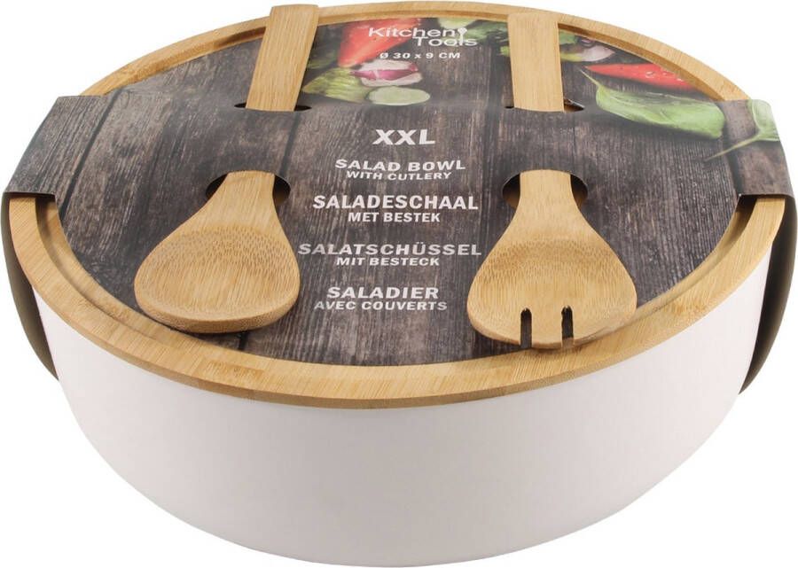 Secret de Gourmet Saladeschaal kom Met couvert Bamboe Wit D30 cm Saladeschalen